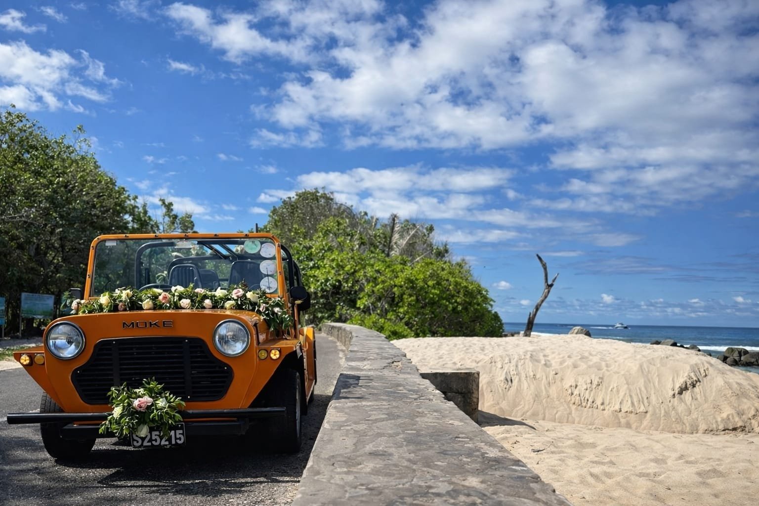 Avoin Mini Moke pysäköitynä kukkivan pensasaidan viereen rannan yläpuolelle